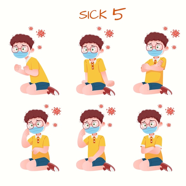 Set of kid boys showing sick