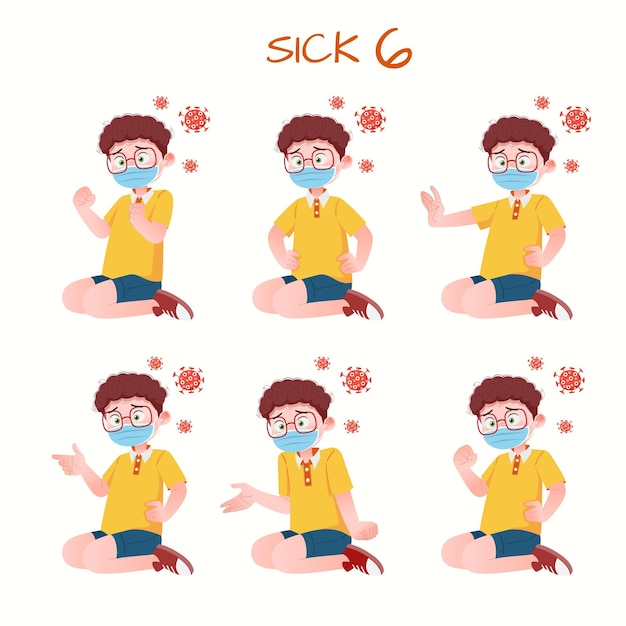 Set of kid boys showing sick