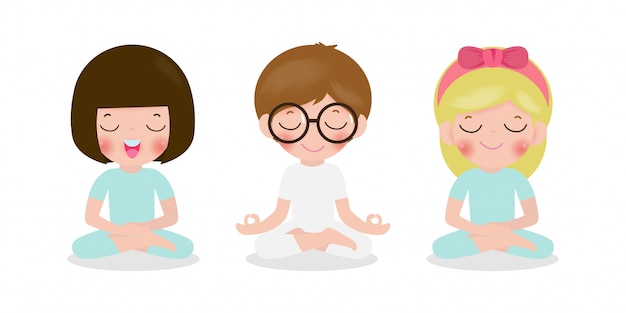 set of kid meditating in lotus pose. Cute cartoon children yoga and meditation illustration in flat style isolated on white background