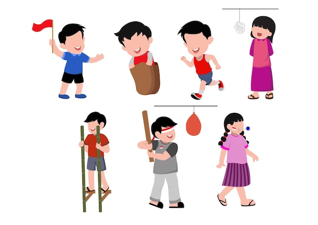 Vector set kids challengge august character indonesian independence day 17 of august