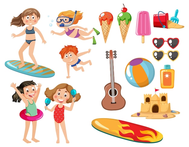 Set of kids character with summer element