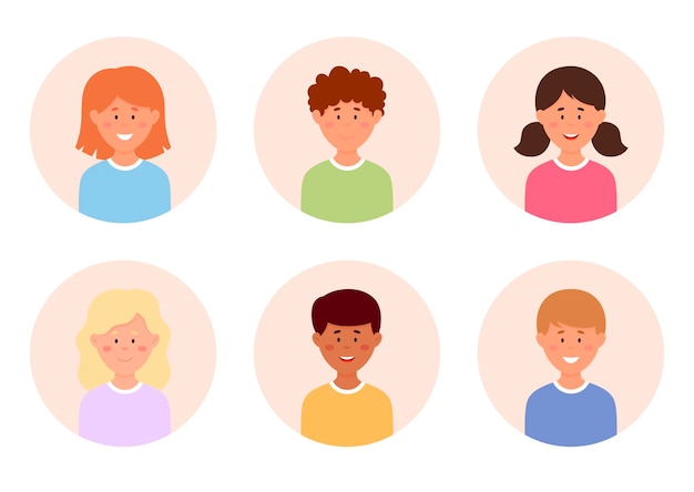 Set of kids faces, avatars, children heads different nationality in circle background.