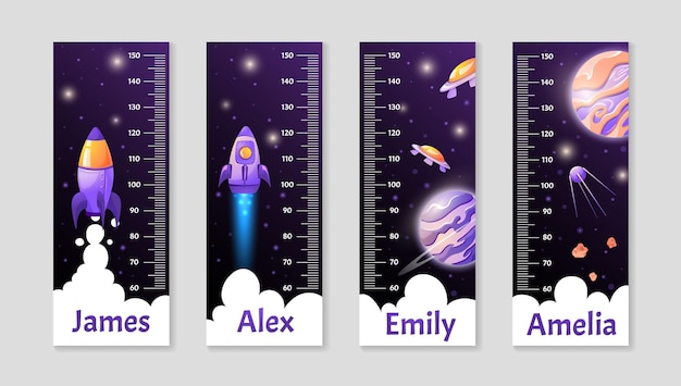 Set of Kids height chart or Growth ruler with cartoon fantasy planets and rockets