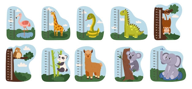 Set Kids Height Charts with Animals Vector Growth Meter with Cartoon Flamingo Giraffe Snake and Dino Monkey Owl