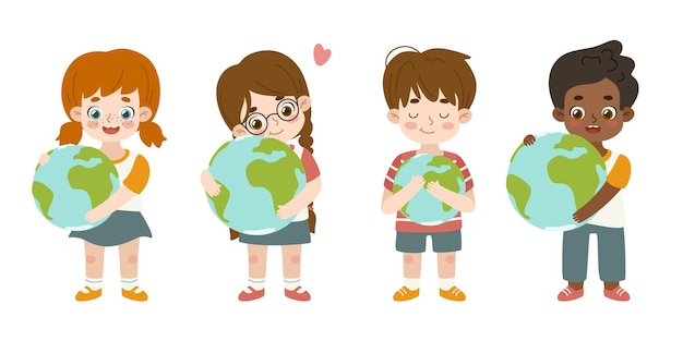 Set of kids hugging the earth globe.