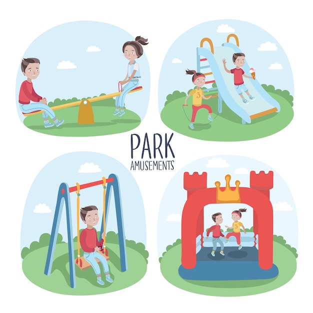 Set of kids playground elements and kids playing  illustration