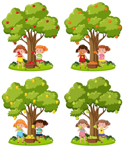 Set of kids playing under the trees