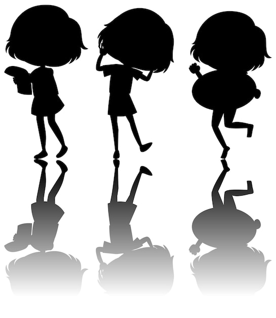 Set of kids silhouette with reflex on white background