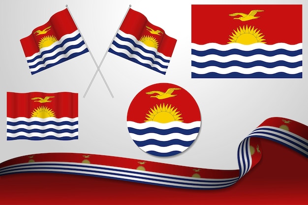 Set Of Kiribati Flags In Different Designs, Icon, Flaying Flags And ribbon With Background.