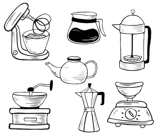 Set of Kitchen electronic tools. Line art. Mixer, scales, coffee grinder, geyser coffee maker, kettle, French press. Kitchen equipment. Vector illustration isolated on white background.