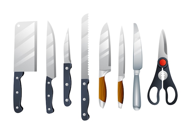 Set of kitchen knives and scissor Kitchenware vector illustration isolated on white