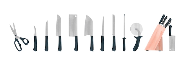 Set of kitchen knives watercolor vector. Knives set clipart. Butcher equipment and cooking tools