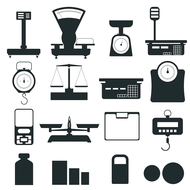 Set of kitchen scales. Silhouette of weight tool. Different weights. The balance in grams and kilograms. Isolated on white background. Vector illustration.