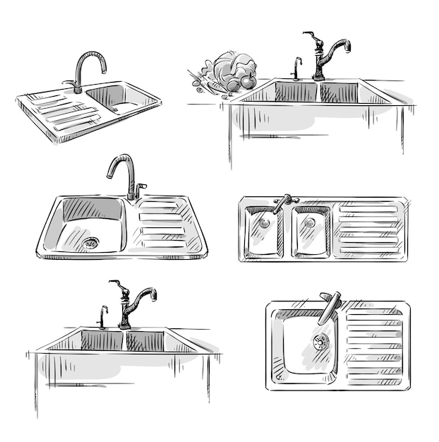 Vector set of kitchen sinks. hand drawn vector illustration, fully editable.