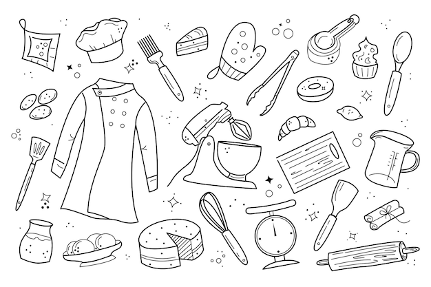 Set of kitchen tools for cooking cakes desserts pastries Vector illustration in doodle style