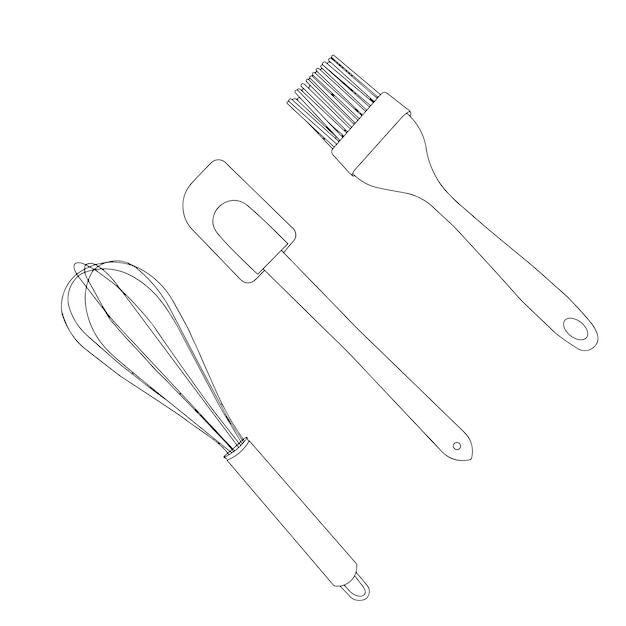 A set of kitchen tools Corolla scapula brush Linear clip art illustrations