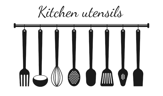 Set of Kitchen Utensils black Silhouette. Vector illustration isolated on white background.