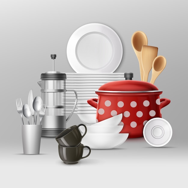 Vector set of kitchenware. dishes and cooking utensils