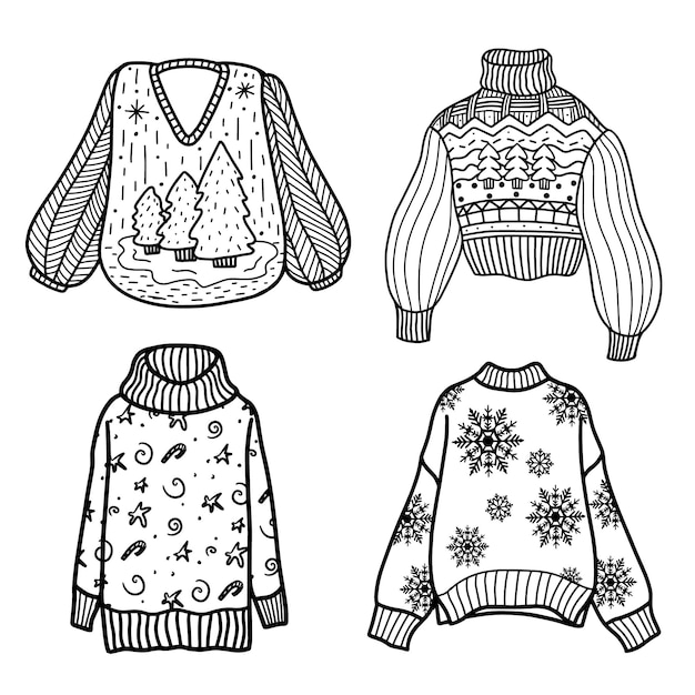 Set of knitted sweaters and jumpers Doodle style