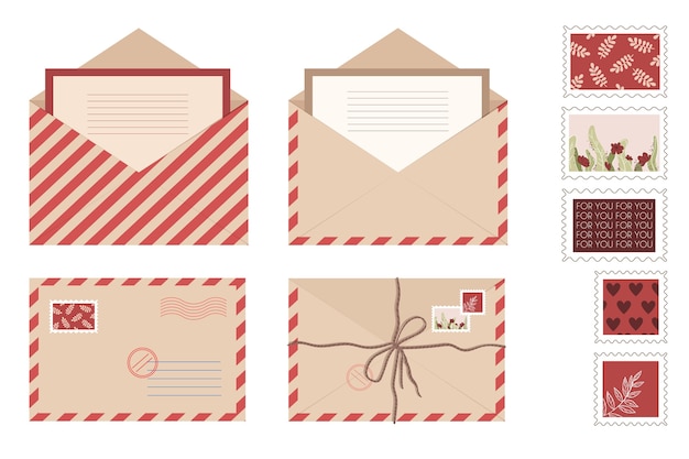 Set kraft envelope letter and post cards. Isolated open envelopes with stamps and seals