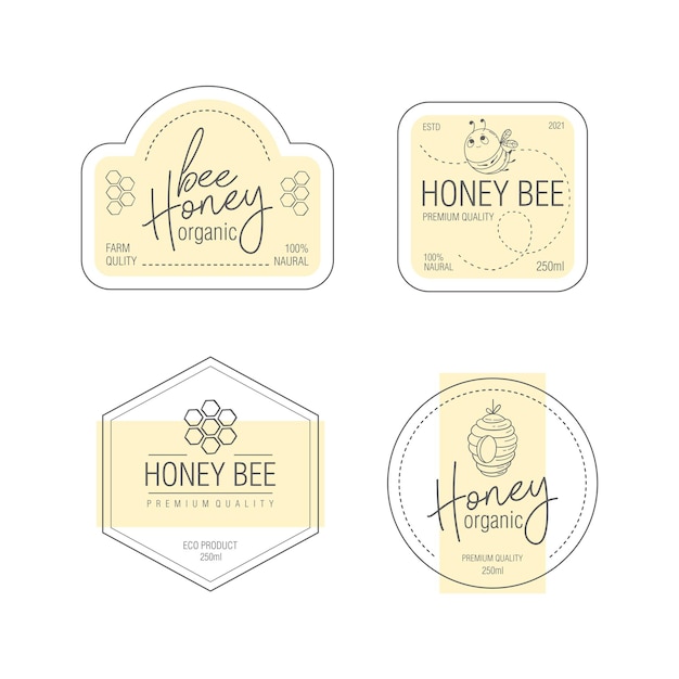 Vector set of labels for bee honey product packaging design templates