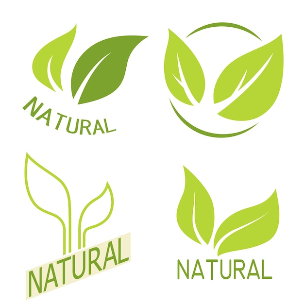 Set of labels logos with text Natural eco food Organic food badges in vector cosmetic food Vector logos Natural logos with leaves