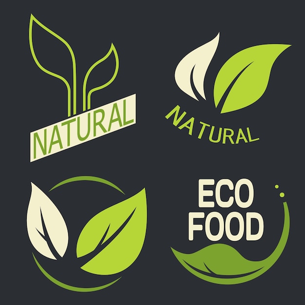 Set of labels logos with text Natural eco food Organic food badges in vector cosmetic food Vector logos Natural logos with leaves