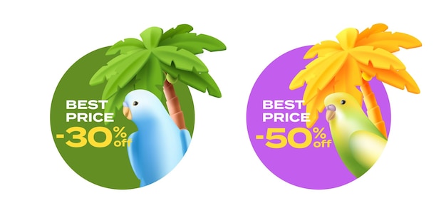 Set of labels with budgie parrot bird tropical palm tree in circle shape promo discounts 3d cartoon illustration