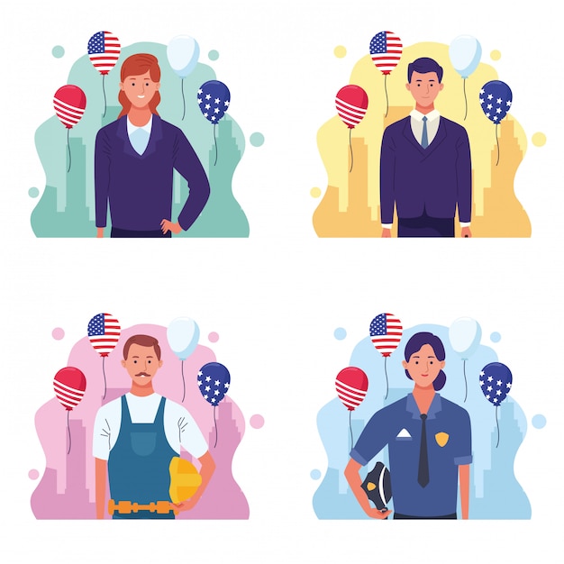 Set of labor day usa celebration cartoons