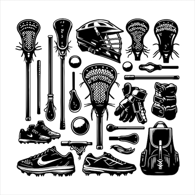 Set of Lacrosse sport equipment collection Silhouette vector illustration