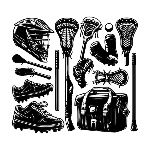 Set of Lacrosse sport equipment collection Silhouette vector illustration