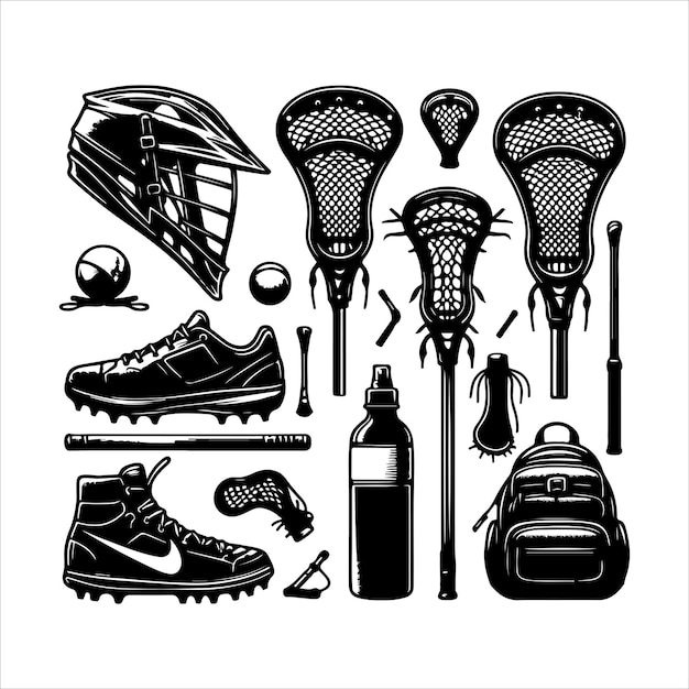 Set of Lacrosse sport equipment collection Silhouette vector illustration