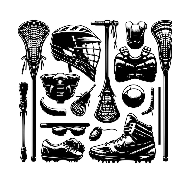 Vector set of lacrosse sport equipment collection silhouette vector illustration