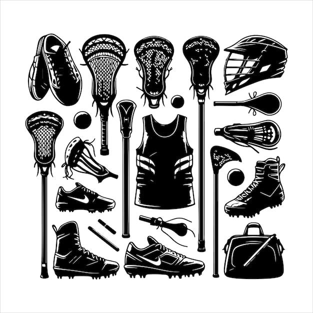 Set of Lacrosse sport equipment collection Silhouette vector illustration