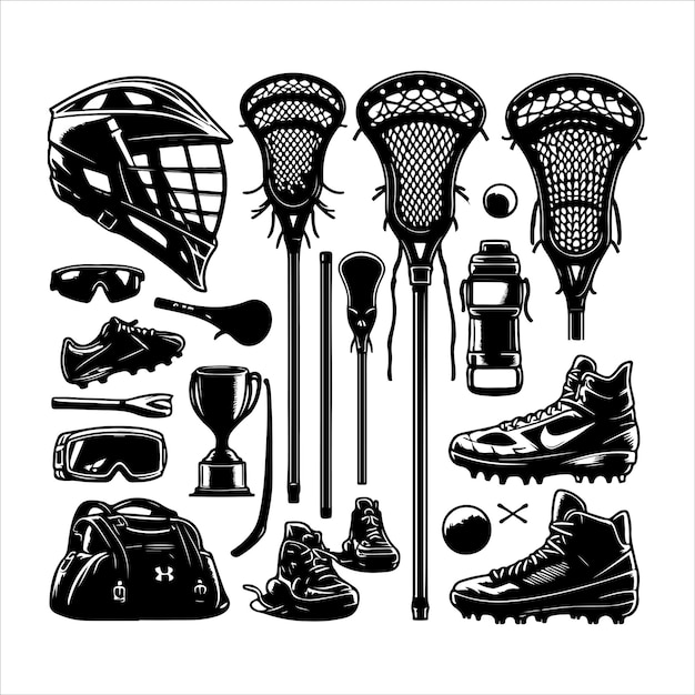 Set of Lacrosse sport equipment collection Silhouette vector illustration