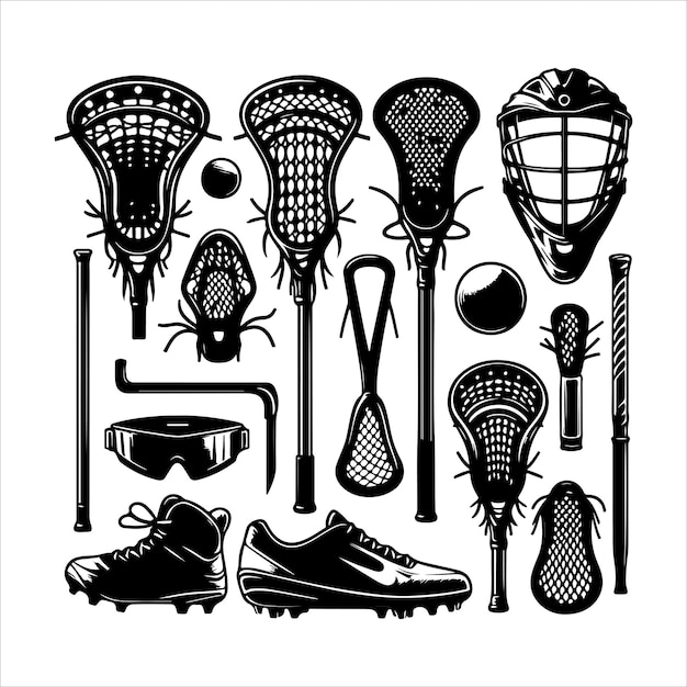 Vector set of lacrosse sports equipment collection silhouette vector illustration