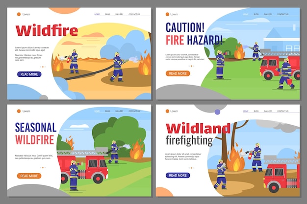 Set of landing page templates of firefighters extinguishing a fire in the wildland