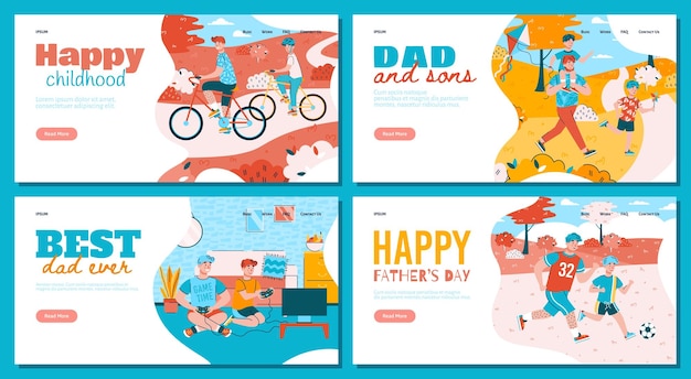 A set of landing page templates of joint activity of happy father and son