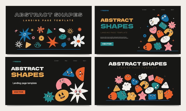 A set of landing page templates with a collection of abstract geometric multicolored figures with various emotions and shapes