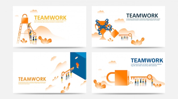 Set of landing page and web page by employee of company teamwork concept