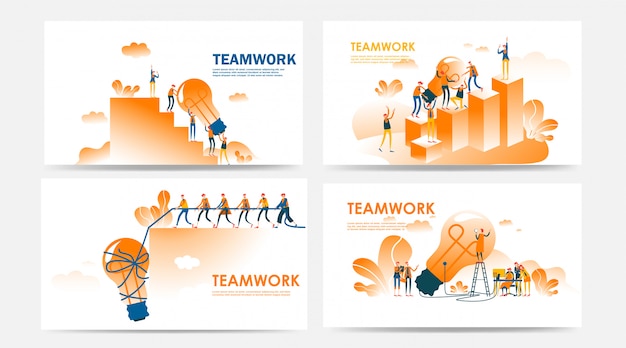 Set of Landing page and web page teamwork concept with employee people and search for new ideas