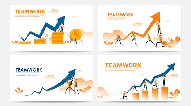 Set of landing page and web page teamwork concept with graph arrow on the way to success