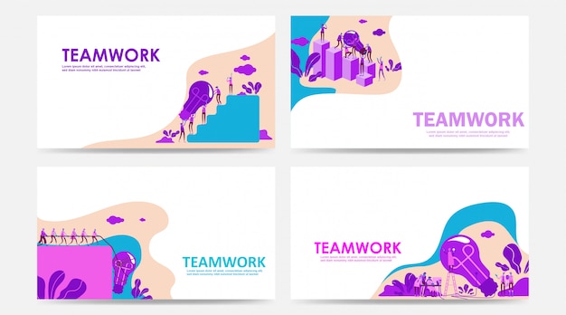 Set of Landing page and web page with teamwork concept by people