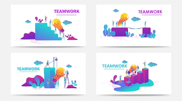 Set of Landing page and web page with teamwork concept. Vector creative illustration of business graphics people,search for new ideas. Use for SEO, Web Design, Ui Development, business app. - Vector