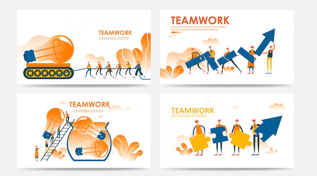 Set of Landing page and web page with teamwork idea concept by employee of company