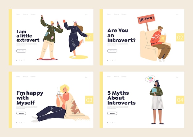 Set of landing pages with extroverts and introverts types of relaxation and rest. Extraverted people dancing and introverted - alone calm.