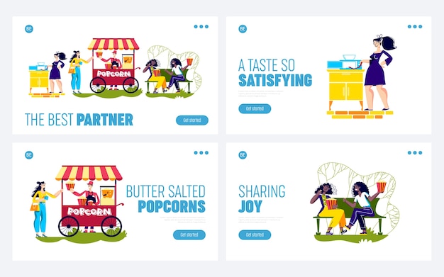 Vector set of landing pages with people enjoy popcorn.