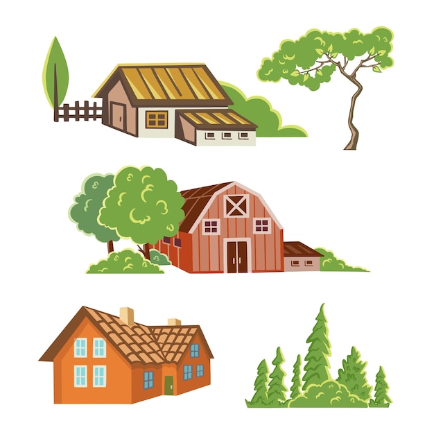 Vector set for landscape colored symbols of houses trees barn vector illustration