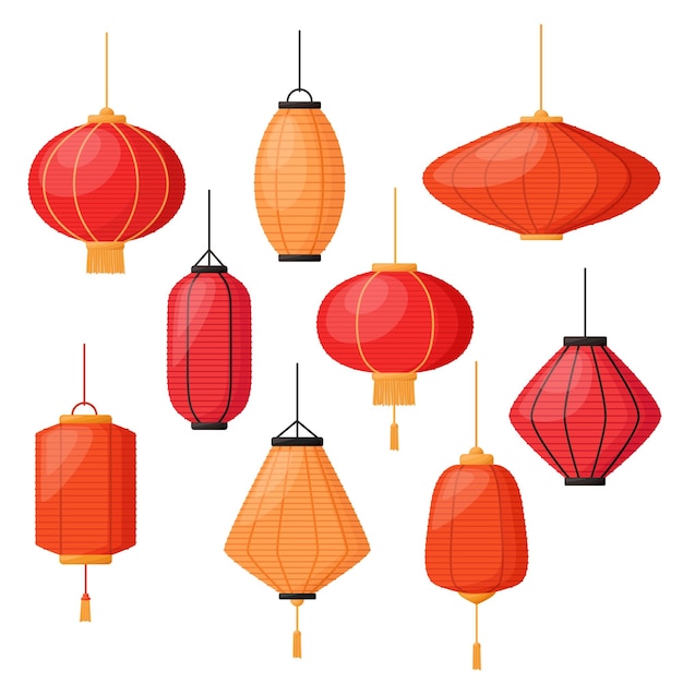 Set of lanterns in asian style Chinese New Year decorations Vector illustration