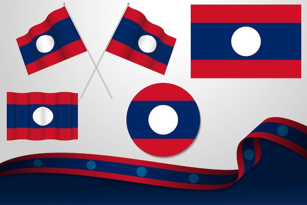 Set Of Laos Flags In Different Designs Icon Flaying Flags With ribbon With Background